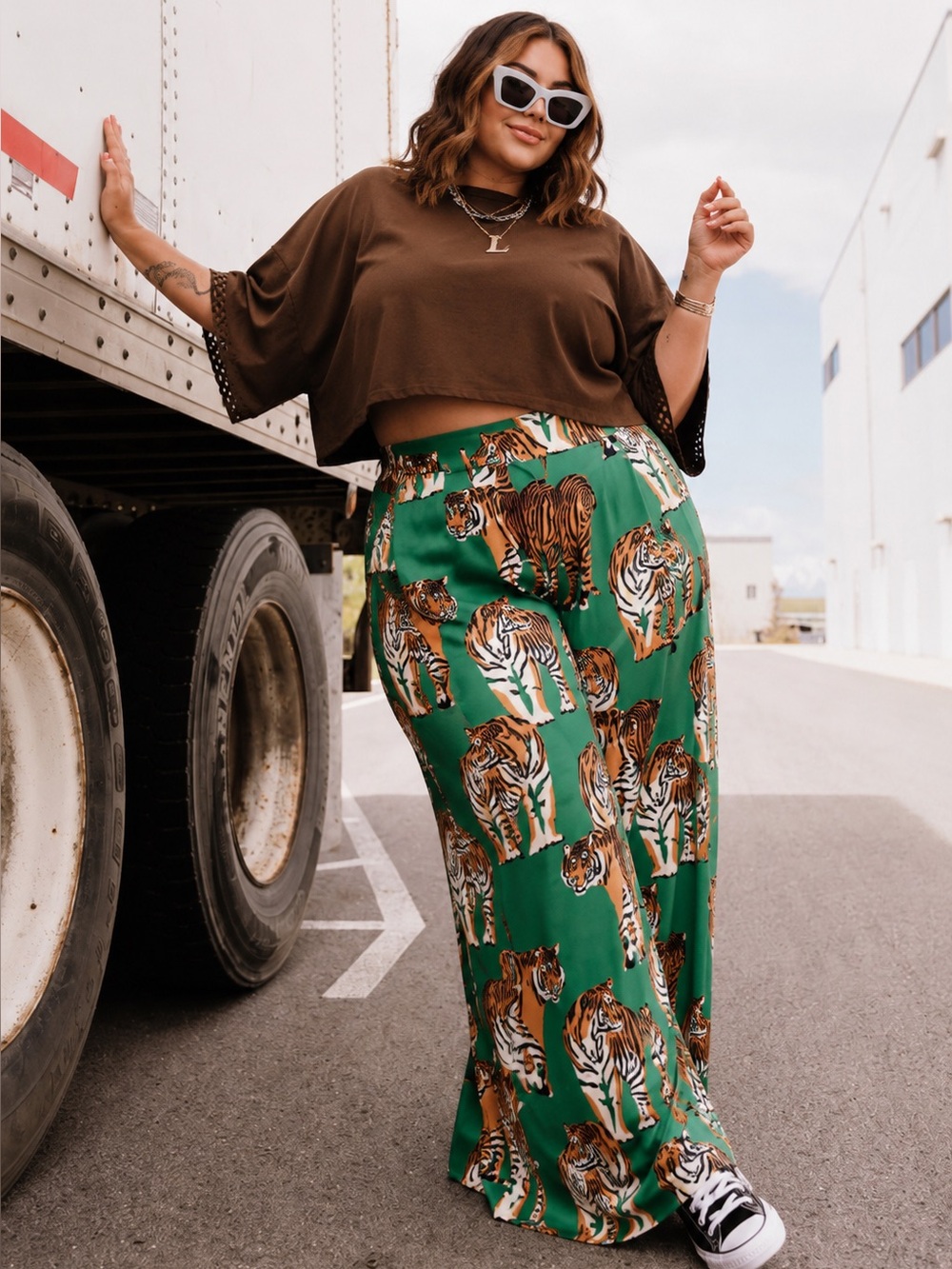 Lala Never Taking These Off Trousers in Green Tiger Tales Green Wide Leg 3X
